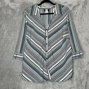 Studio 1940 18 20W 1X Top Shirt Blue Black Striped Button Up 3/4 Sleeve V Neck